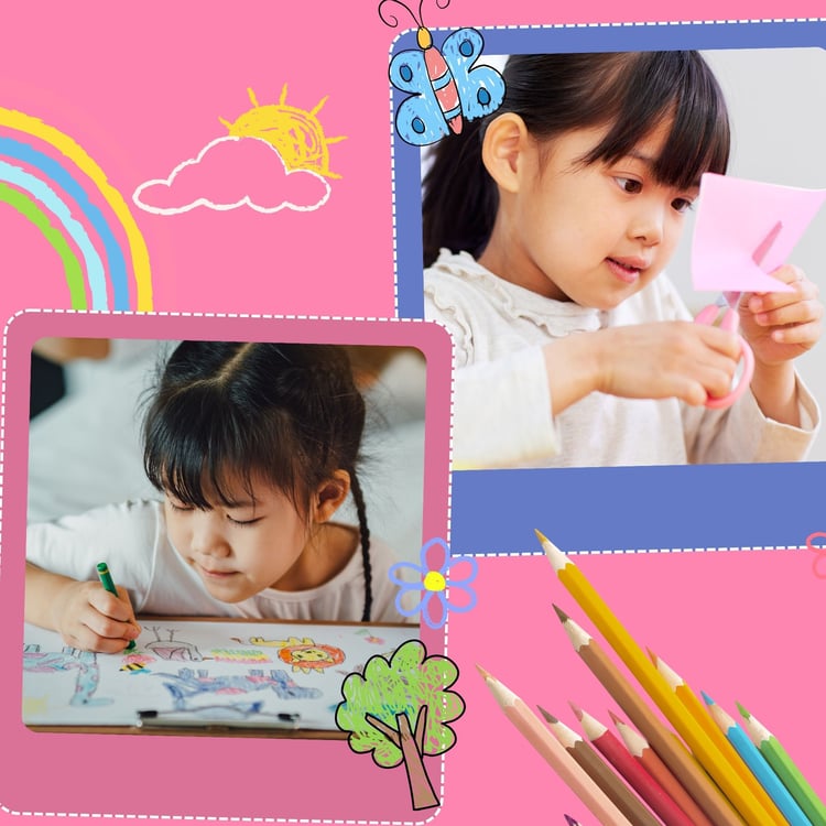A collage of a young girl practicing cutting paper with scissors and coloring, showing fine motor skill development.