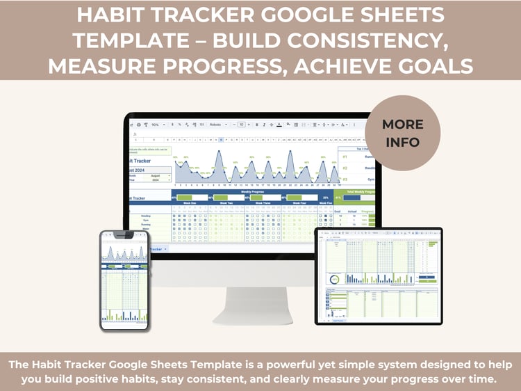 Habit Tracker Google Sheets template dashboard showing daily habit checkboxes, weekly progress bars, monthly charts, and goal vs actual habit performance