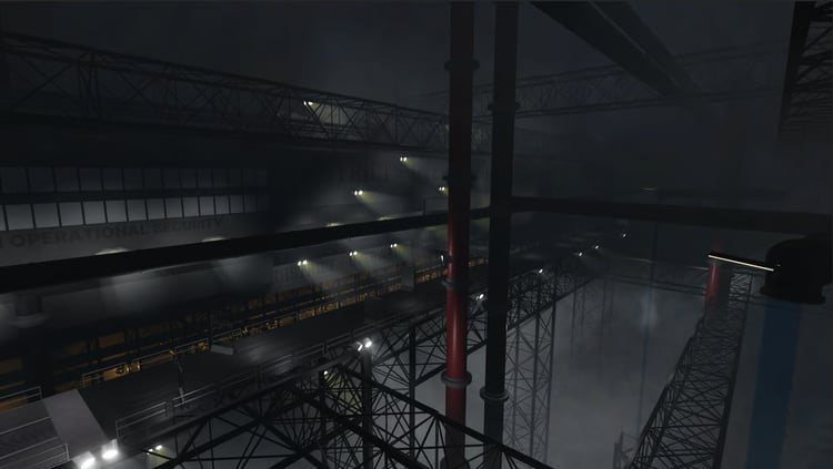 Industrial lighting illuminating walkways in Arctic base