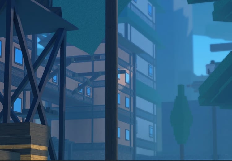 Timber-faced buildings and scaffolded walkways