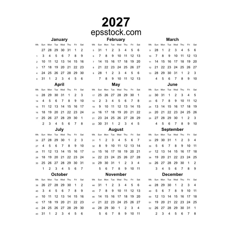 2027 year english vector calendar with week numbers