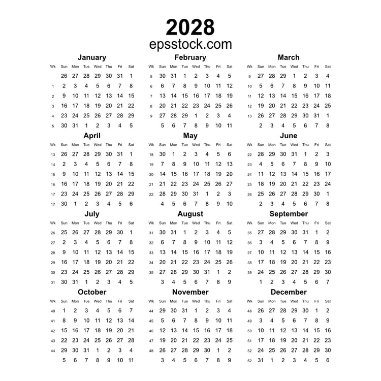2028 year english vector calendar with week numbers