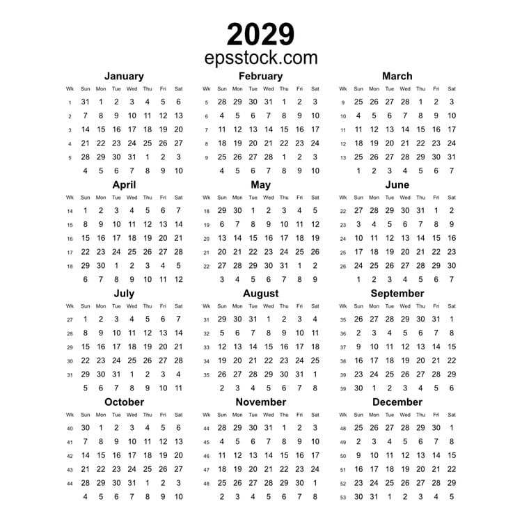 2029 year english vector calendar with week numbers