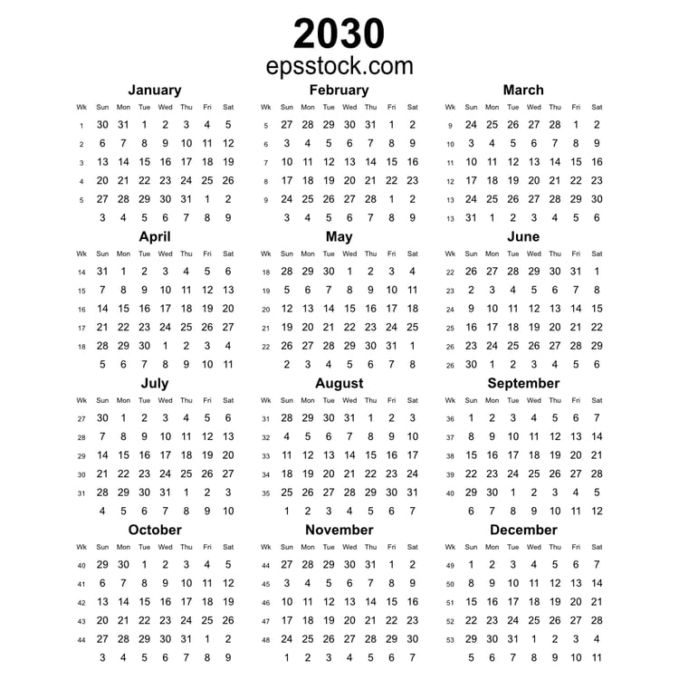2030 year english vector calendar with week numbers