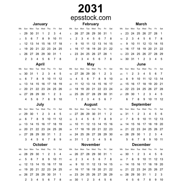 2031 year english vector calendar with week numbers