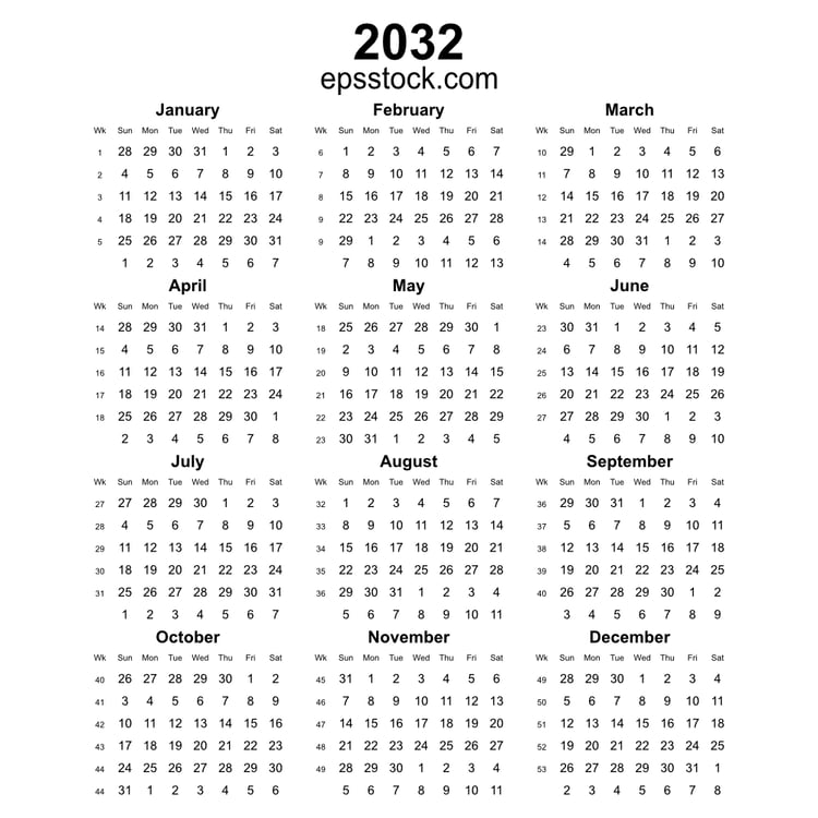 2032 year english vector calendar with week numbers