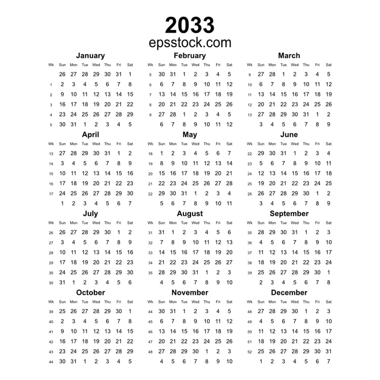 2033 year english vector calendar with week numbers