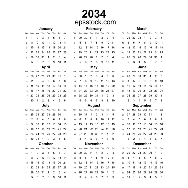 2034 year english vector calendar with week numbers