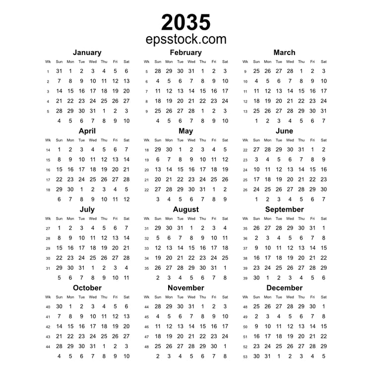 2035 year english vector calendar with week numbers