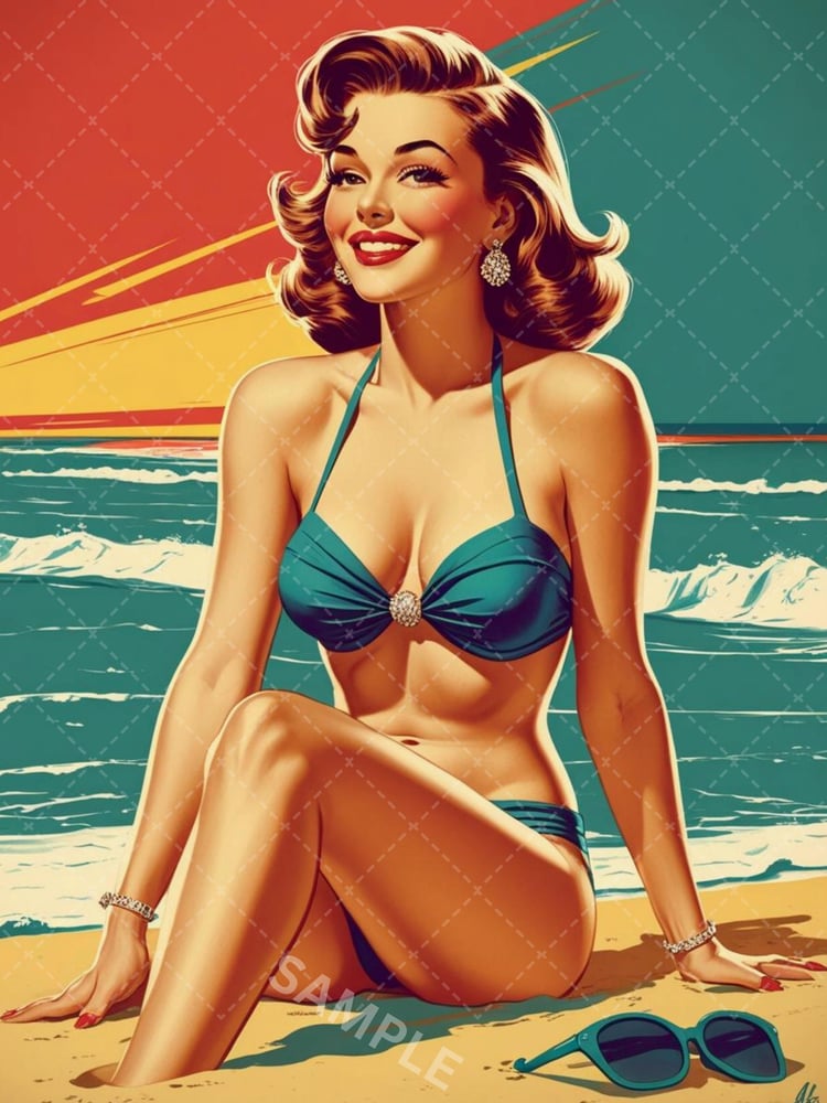 vintage pin up poster,  retro bikini wall art,  pinup beach illustration,  1950s pin up decor,  mid century wall art,  retro woman poster,  beach pinup artwork,  classic pin up art,  man cave wall decor,  vintage glamour poster