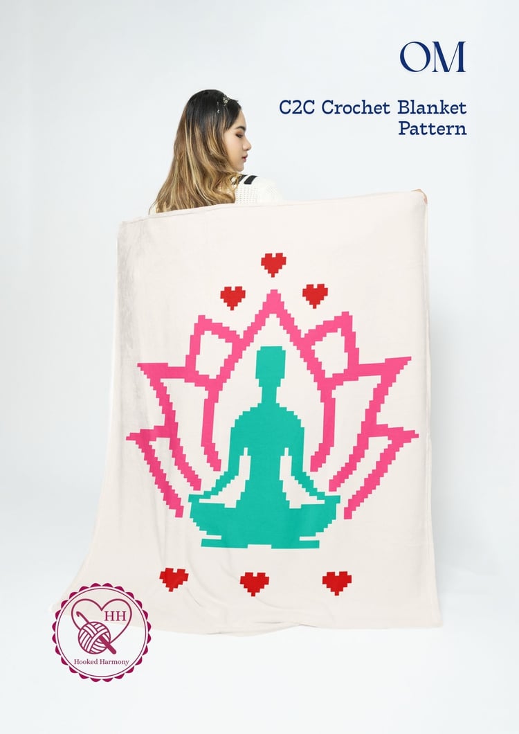 Om lotus C2C crochet blanket pattern cover with meditation silhouette design