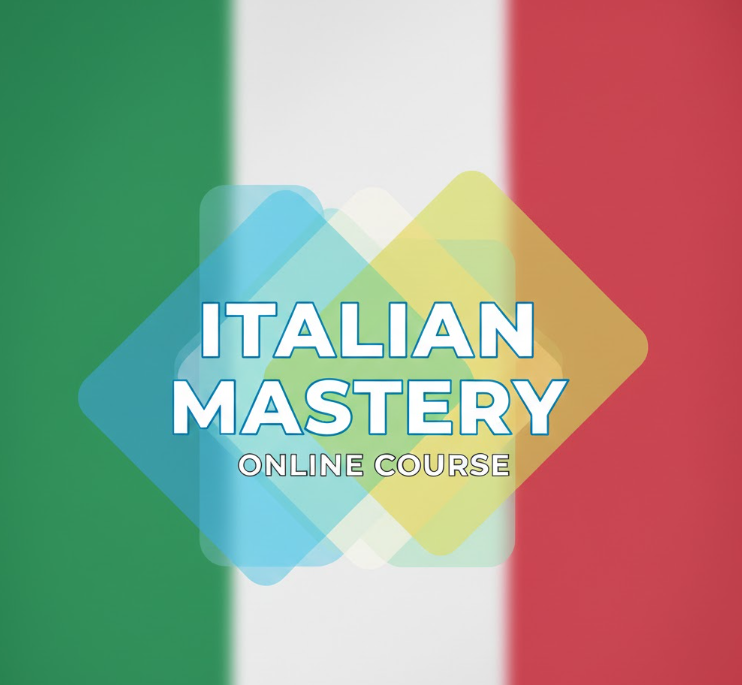 Italian Mastery course cover with Italian flag in the background, professional and beginner-friendly design, online Italian learning course