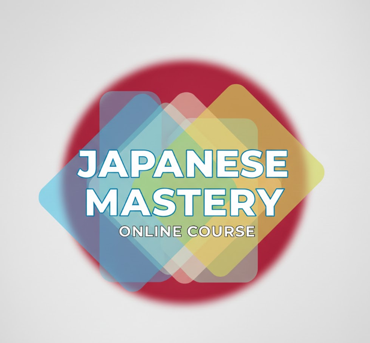 Japanese Mastery course cover with Japanese flag in the background, professional and beginner-friendly design, online Japanese learning course