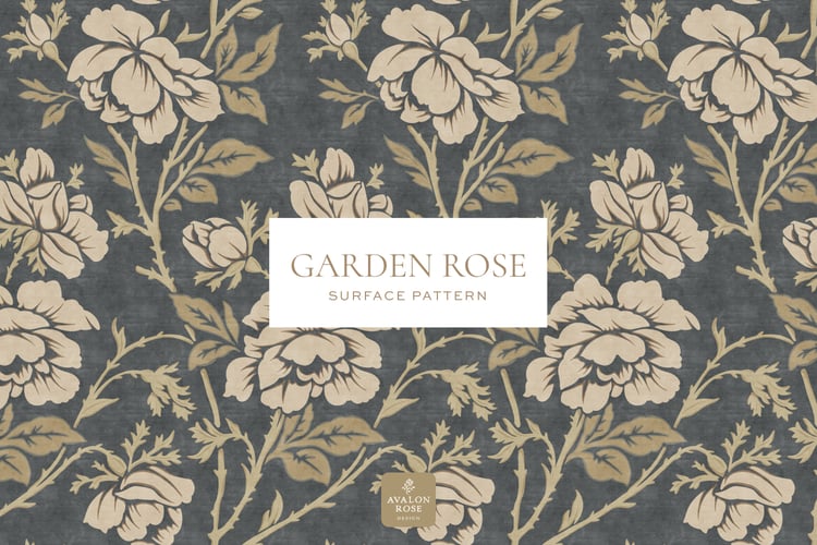 Vintage rose illustrated pattern design in dark gray and beige