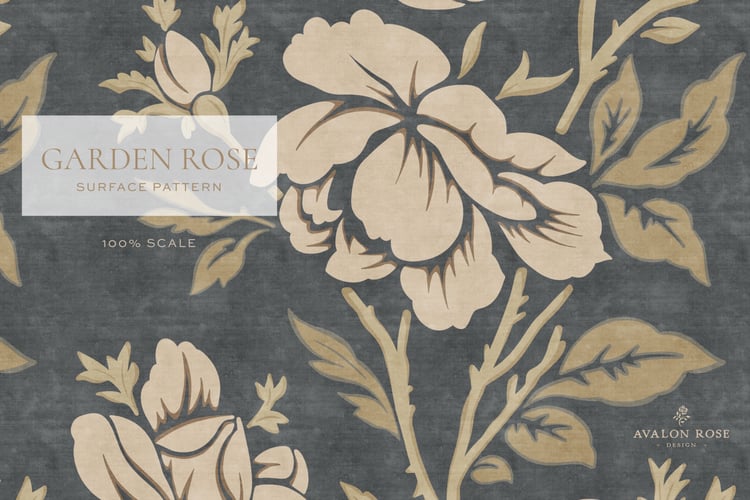 Vintage rose illustrated pattern design in dark gray and beige