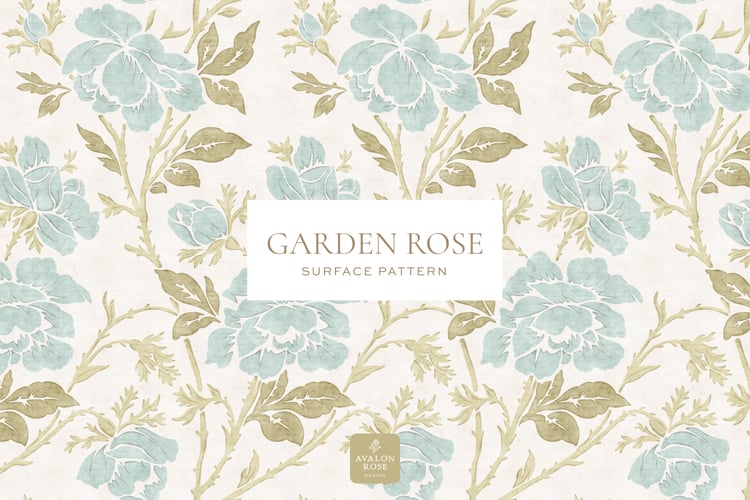 vintage rose illustration surface pattern in pale blue, sage green, and white