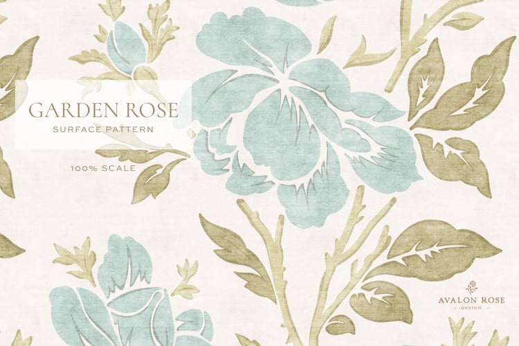 vintage rose illustration surface pattern in pale blue, sage green, and white