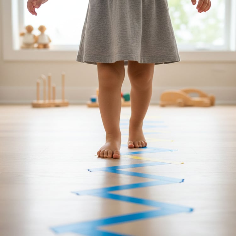 A close-up of a toddler's bare feet carefully walking on a blue zigzag tape line on a wooden floor to practice balance and focus.