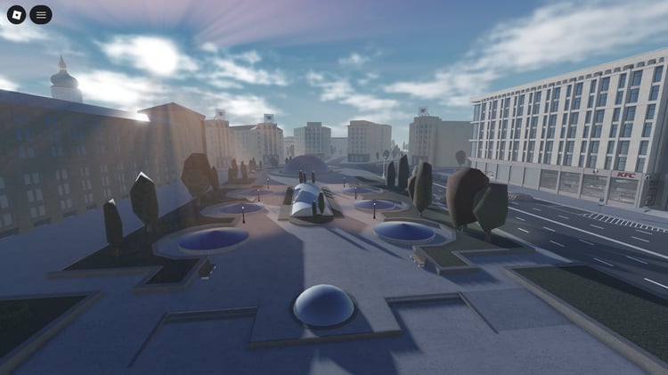 Detailed public square with surrounding buildings