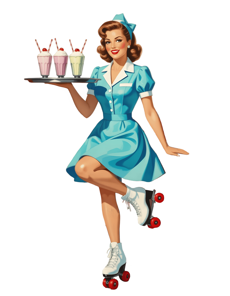 Retro rollerskate waitress art print — 1950s American diner lifestyle illustration from the MooLALA Store collection