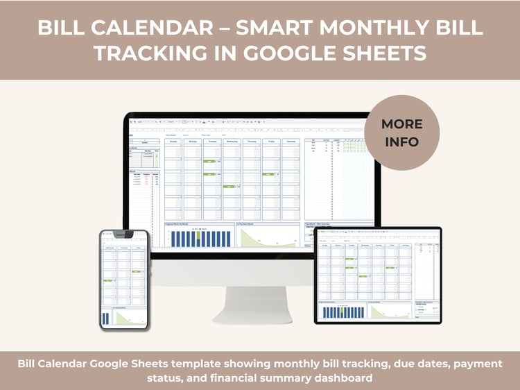 Bill Calendar Google Sheets template showing monthly bill tracking, due dates, payment status, and financial summary dashboard