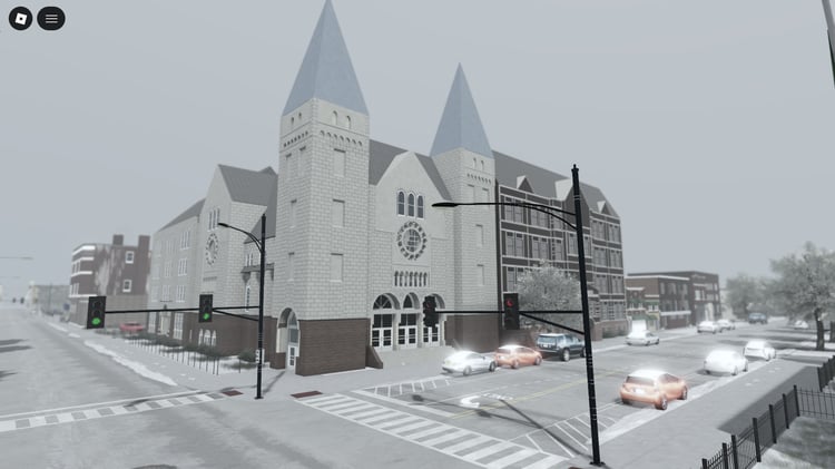 Snow-covered streets in Snowridge District Roblox map