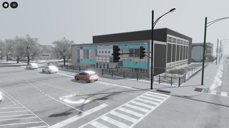 Realistic residential and commercial buildings with snow