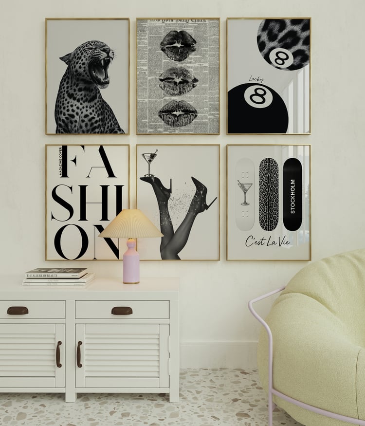 Gallery wall display featuring six aesthetic wall art posters with fashion, animal and typography designs in neutral tones.