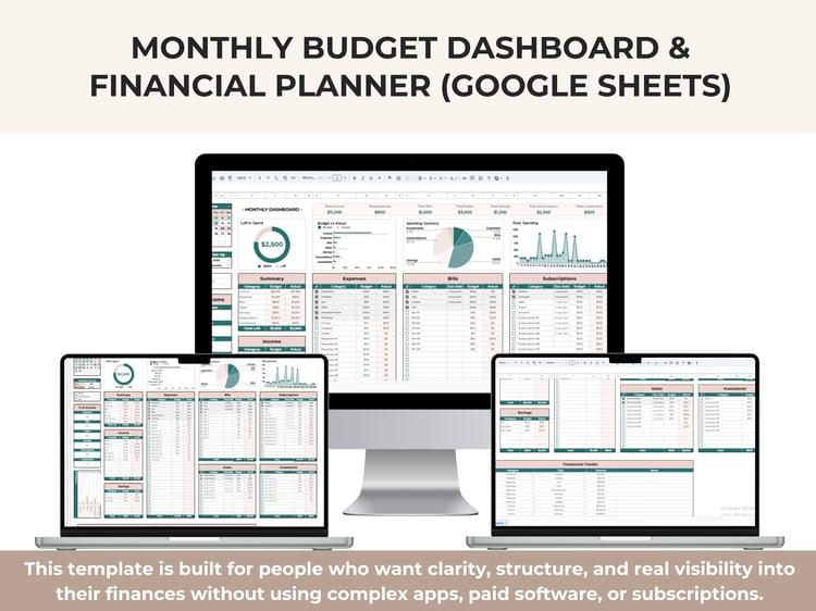 Monthly budget dashboard Google Sheets template showing income, expenses, bills, debts, savings, subscriptions, investments, and spending charts