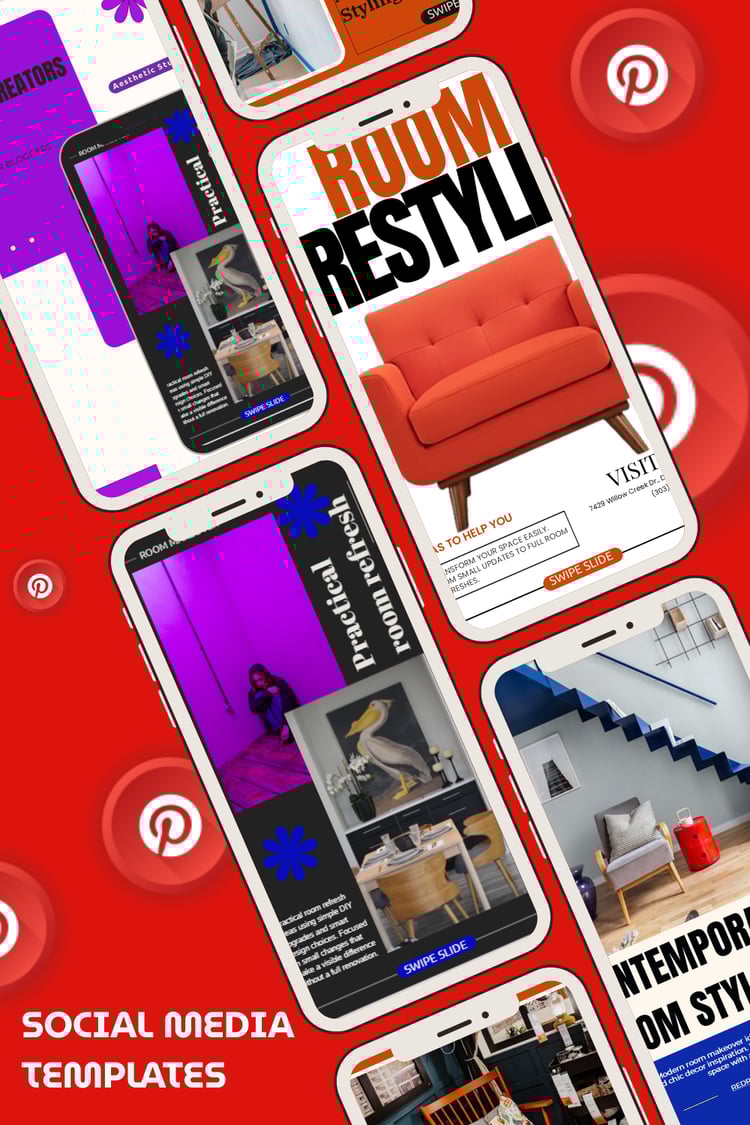 Interior design social media template for Instagram and Pinterest, editable PPTX and Canva-ready.