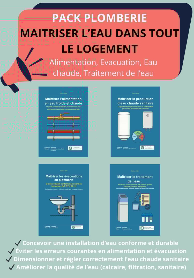 Pack de quatre eBooks plomberie couvrant l’alimentation en eau, les évacuations, l’eau chaude sanitaire et le traitement de l’eau domestique