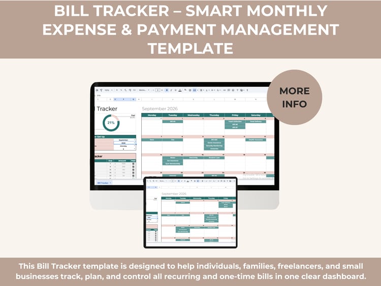 Monthly bill tracker template with calendar view showing bill due dates, payment status, paid vs unpaid progress chart, and organized expense tracking dashboard.