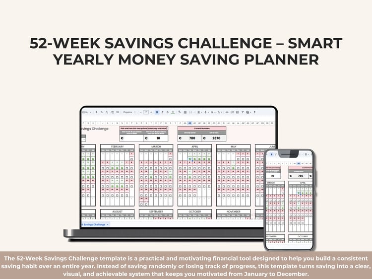 52-week savings challenge template showing a full-year monthly calendar, daily savings checkmarks, total saved and remaining balance dashboard, and customizable currency settings.