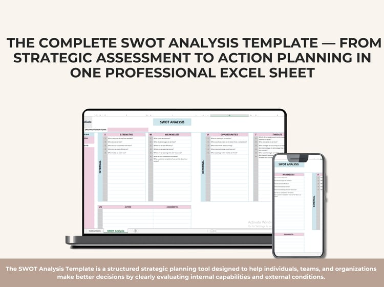 SWOT analysis Excel template showing strengths, weaknesses, opportunities, and threats with guided questions and action planning section.