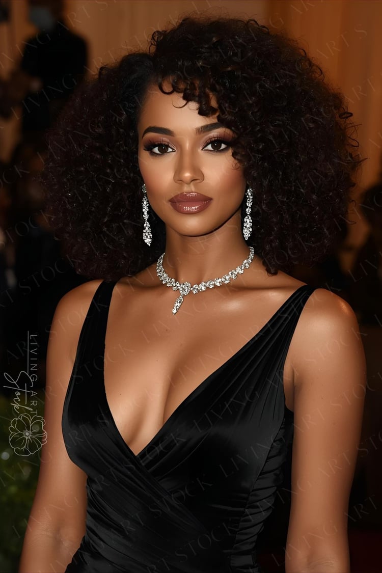 A stunning portrait of a beautiful Black woman with voluminous, natural curly hair attending a formal gala or red carpet event. She is wearing a sophisticated black silk wrap-style evening dress with a deep V-neckline. Her look is elevated by high-end dia