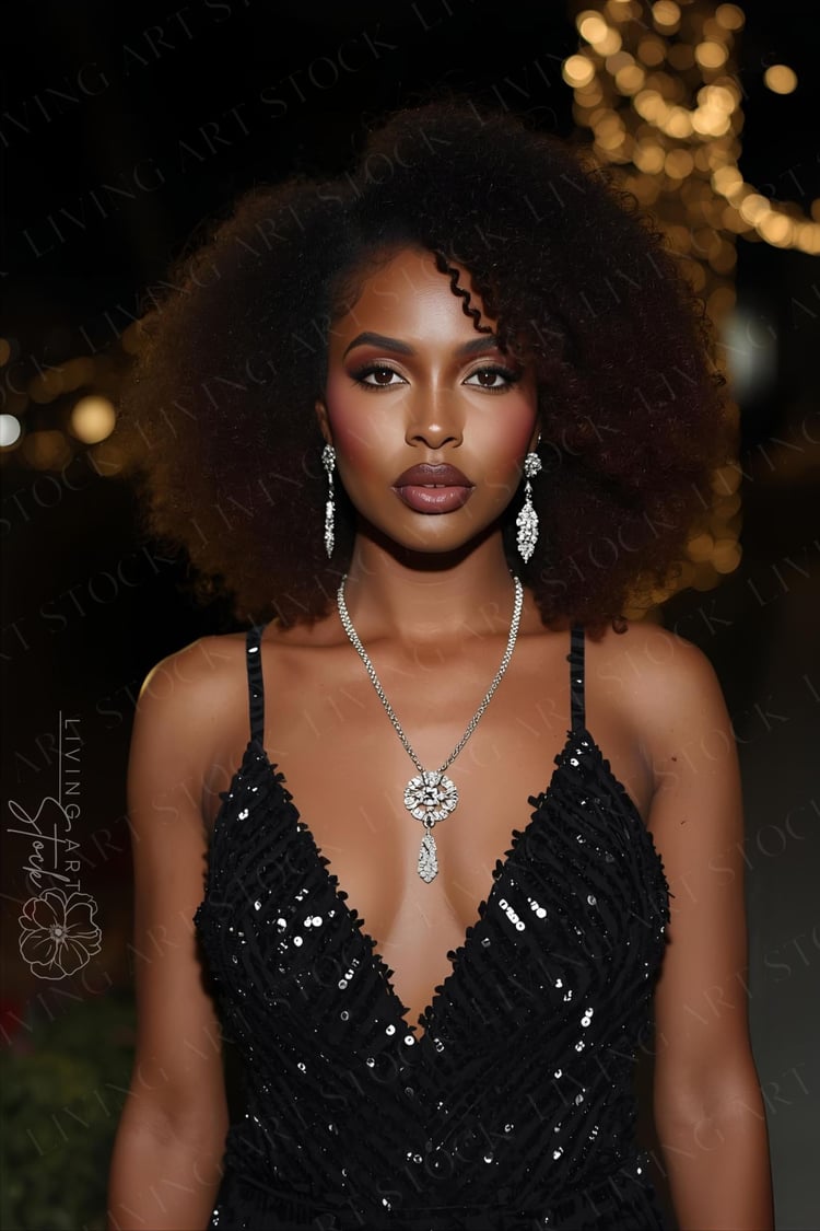 A stunning, high-fashion portrait of a beautiful Black woman with a voluminous afro hairstyle. She is dressed for a formal event in a deep V-neck black sequined dress, complemented by ornate silver or diamond drop earrings and a matching statement necklac