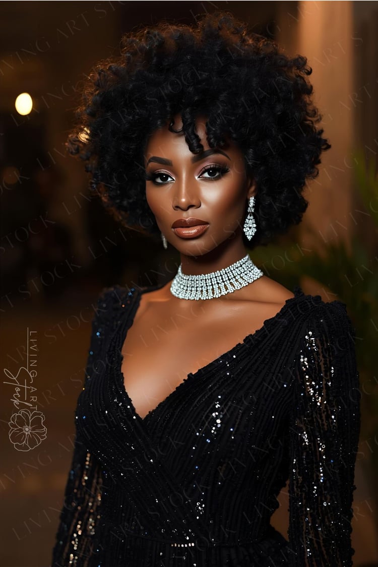 A striking close-up portrait of a beautiful Black woman wearing a luxurious black sequined wrap-style evening gown. She features a voluminous, curly afro hairstyle and polished makeup with a bold lip. The look is accessorized with a sparkling diamond chok