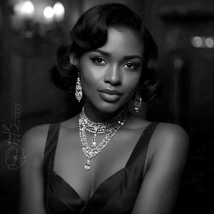 A stunning black and white "film noir" style portrait of a beautiful Black woman with a classic 1940s-style wavy bob. She is dressed in a sleek, dark silk evening gown with a plunging neckline, heavily accessorized with multiple layers of sparkling diamon