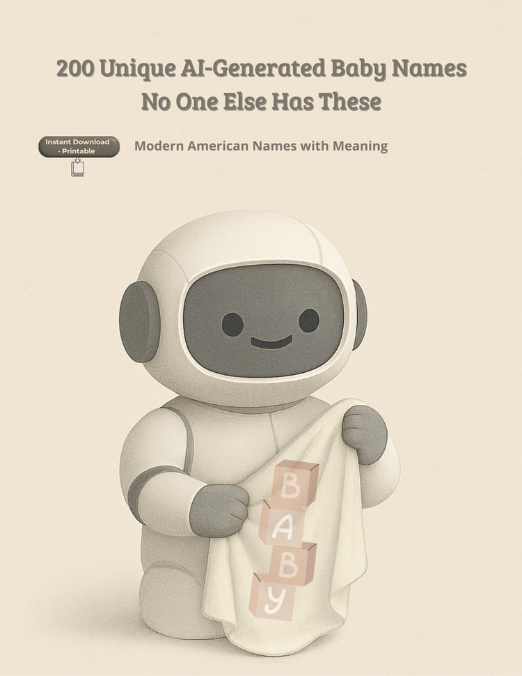 Cover of “200 Modern Baby Names” PDF. Clean, minimalist design showing 200 unique, gender-neutral, easy-to-pronounce North American baby names.