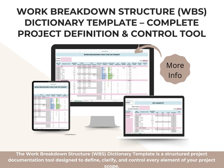 Work Breakdown Structure Dictionary Excel template showing WBS tasks, planned and actual dates, progress tracking, cost estimates, and approval fields.