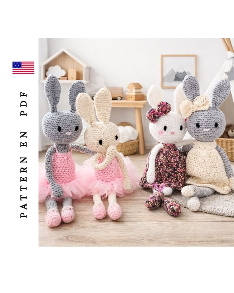 Ballerina Bunny amigurumi crochet toy set, handmade bunny dolls in ballet dresses