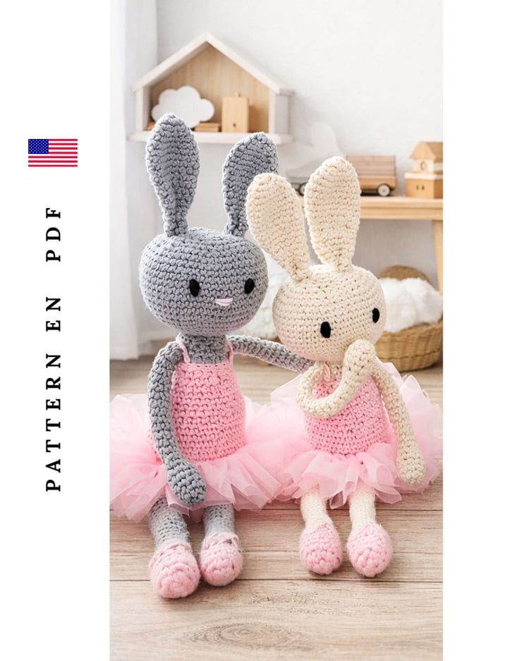 Ballerina Bunny crochet pattern finished amigurumi bunnies in pink ballet outfits