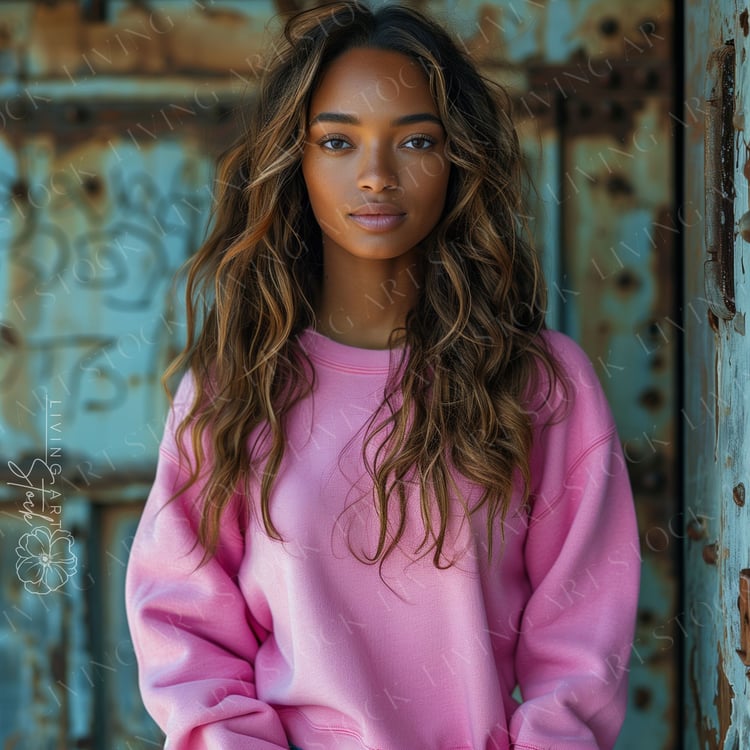 A portrait of a beautiful young woman with sun-kissed, wavy brunette hair and a warm complexion. She is wearing a soft, oversized bubblegum pink crewneck sweatshirt. The model is looking directly into the camera with a calm, neutral expression. The backgr