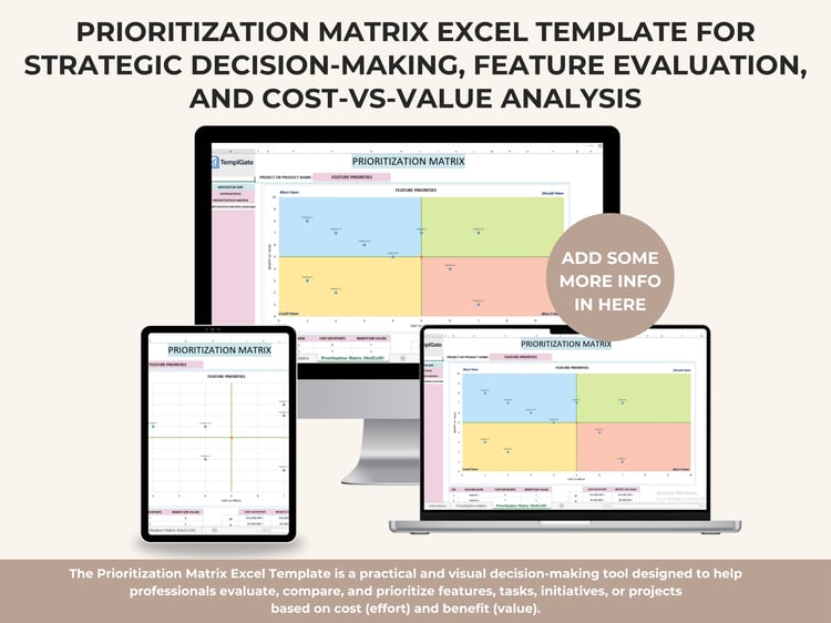 Prioritization Matrix Excel template showing cost-effort versus benefit-value chart for ranking and categorizing project or feature priorities.