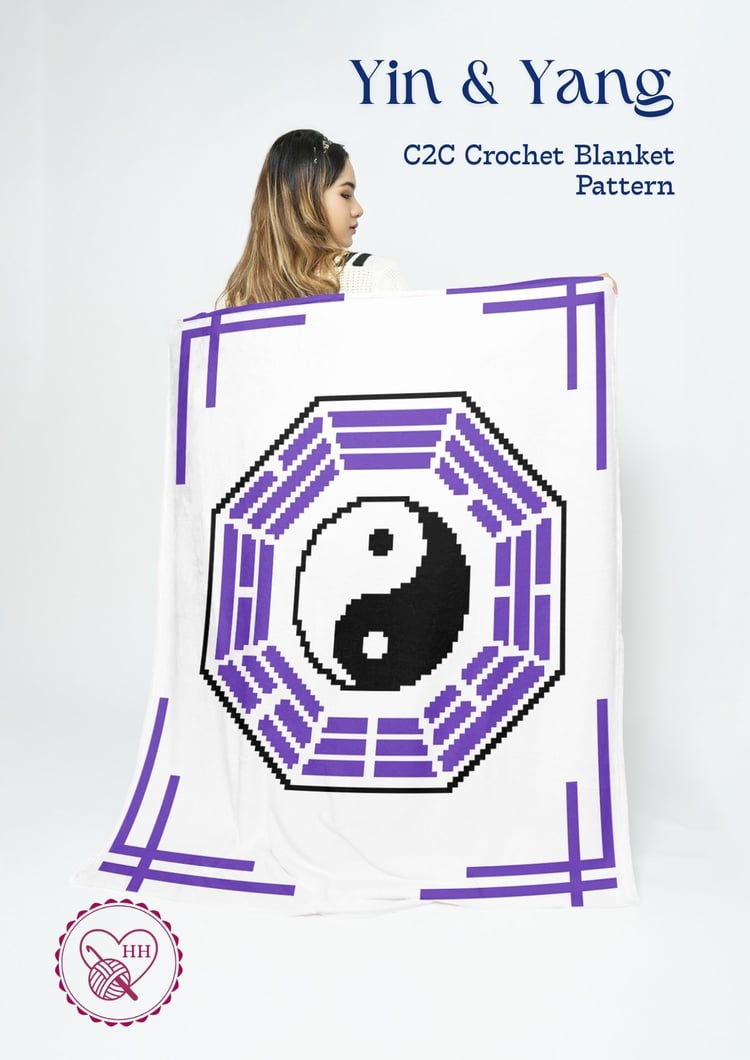 Yin and Yang C2C crochet blanket pattern cover with geometric purple border design