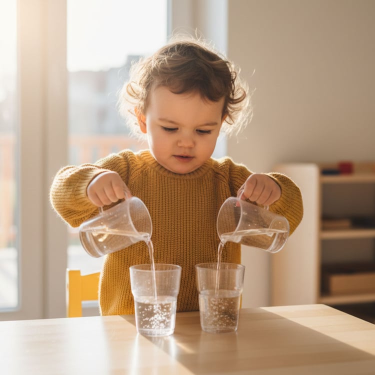 A young child practicing bilateral coordination by pouring water from two pitchers into glasses simultaneously, demonstrating early brain development.