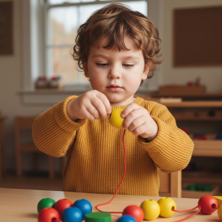 A toddler practicing eye-hand coordination by threading large colorful beads onto a string, a key pre-writing skill activity.