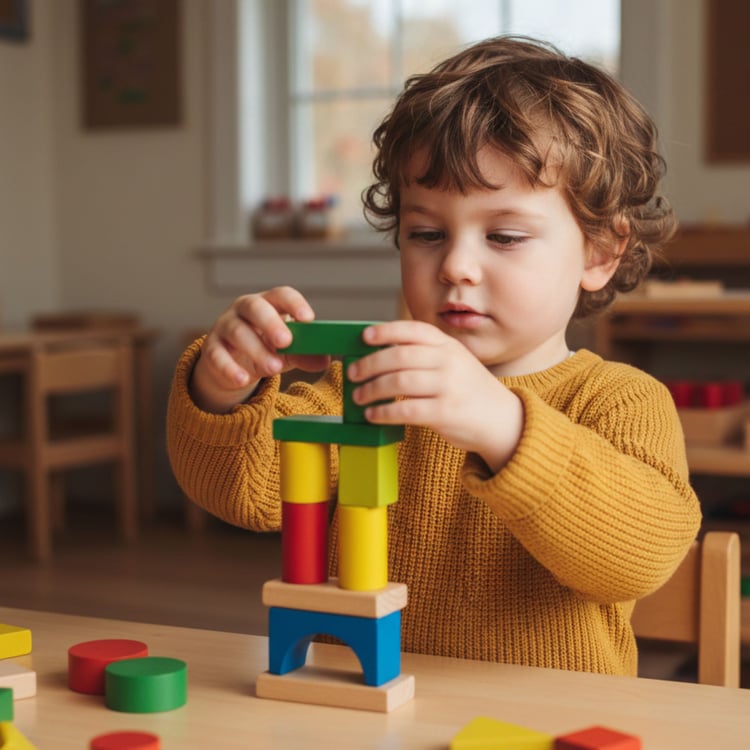 A young boy focused on stacking colorful wooden blocks, an activity that helps build fine motor skills and concentration.