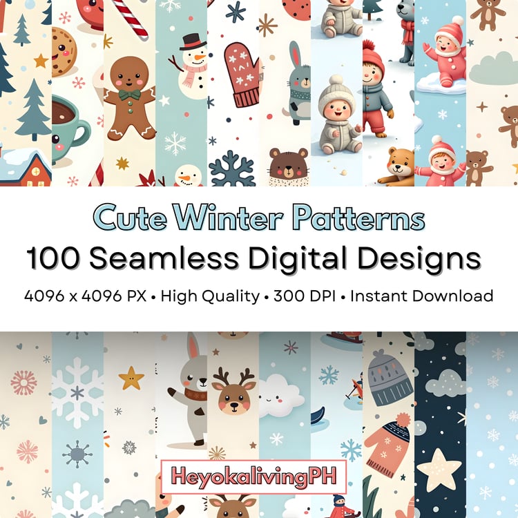 A digital advertisement for winter patterns featuring a collage of 18 different cartoon-style winter-themed seamless patterns, arranged in two rows of nine, with various pastel colors and whimsical designs, including snowmen, children, animals, and winter
