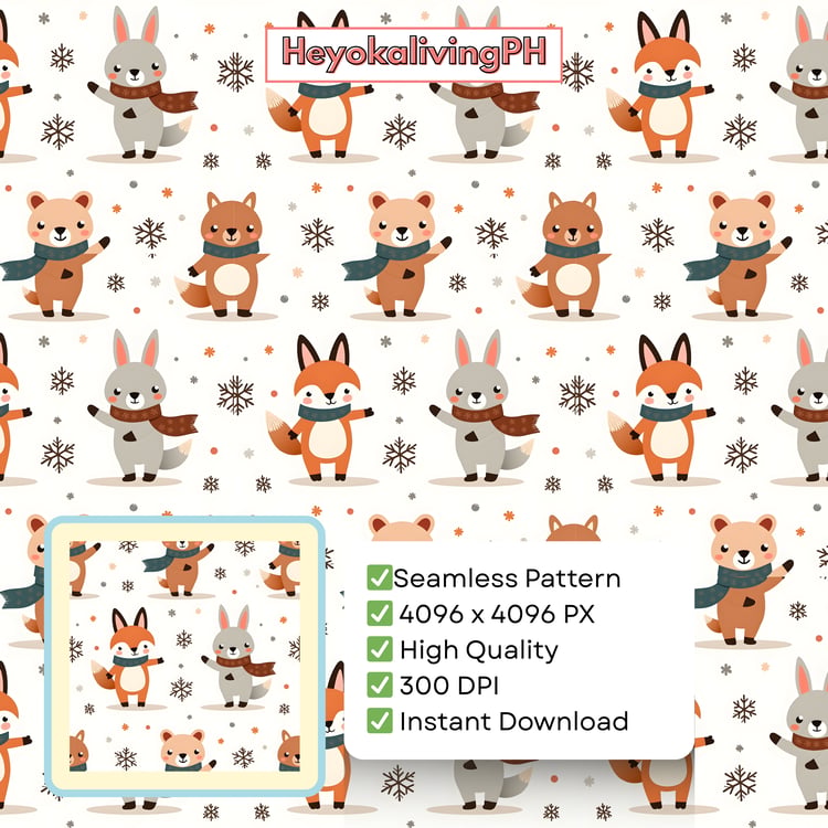 A seamless pattern featuring cartoon woodland animals, including foxes, rabbits, and bears, all wearing scarves and standing on small beige circles, surrounded by snowflakes and dots in various shades of brown, orange, and gray, on a white background. The